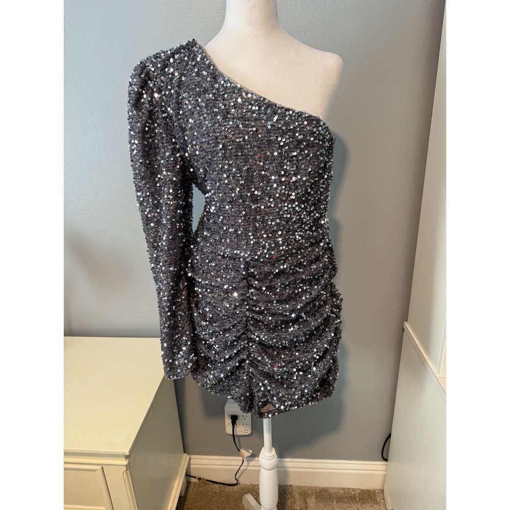 Fashion Nova Womens Silver Sequin One Shoulder Ruched Mini Dress RMP1134 Large